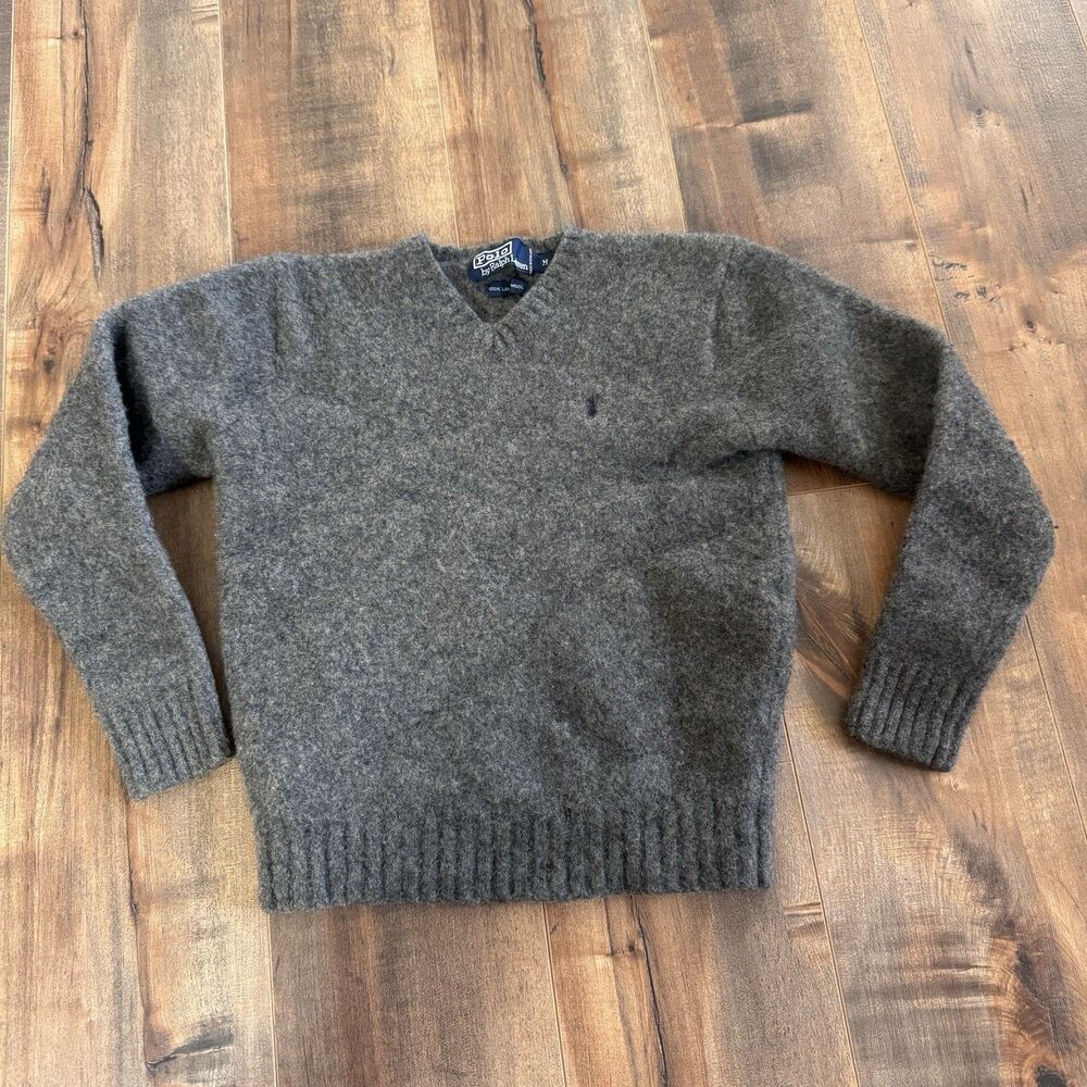 Polo Ralph Lauren 100% Wool Boys V-Neck Gray Sweater Medium Logo